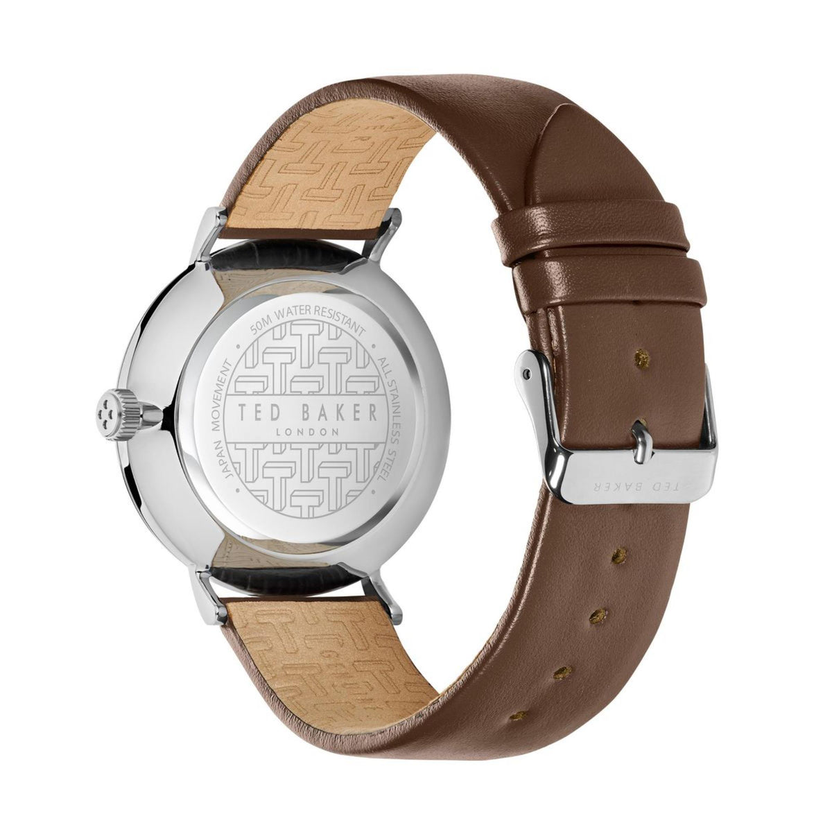 Round watch with brown leather strap and silver case back, buckle and engravings