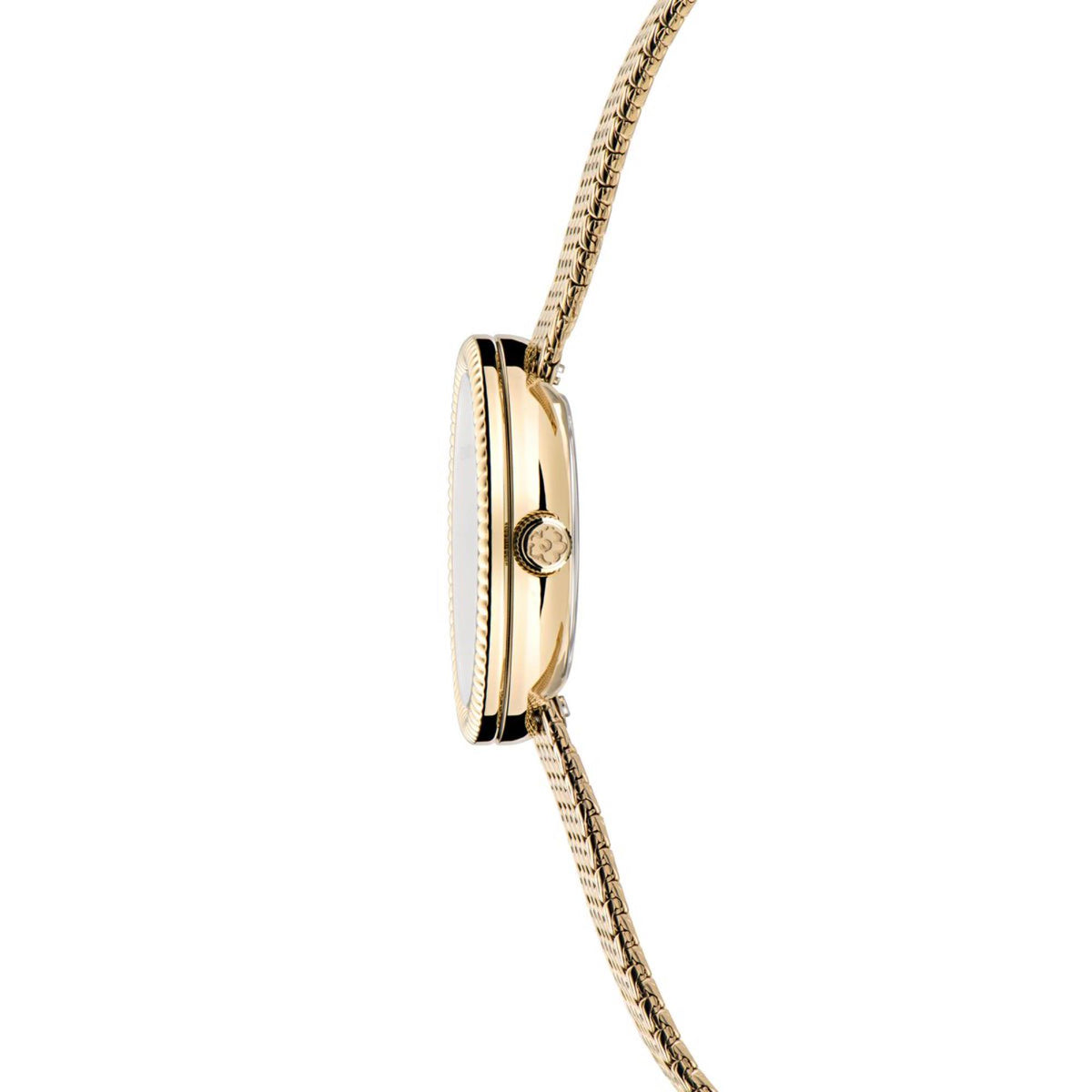 Ted Baker Emily watch case side view, gold-tone metal with mesh strap