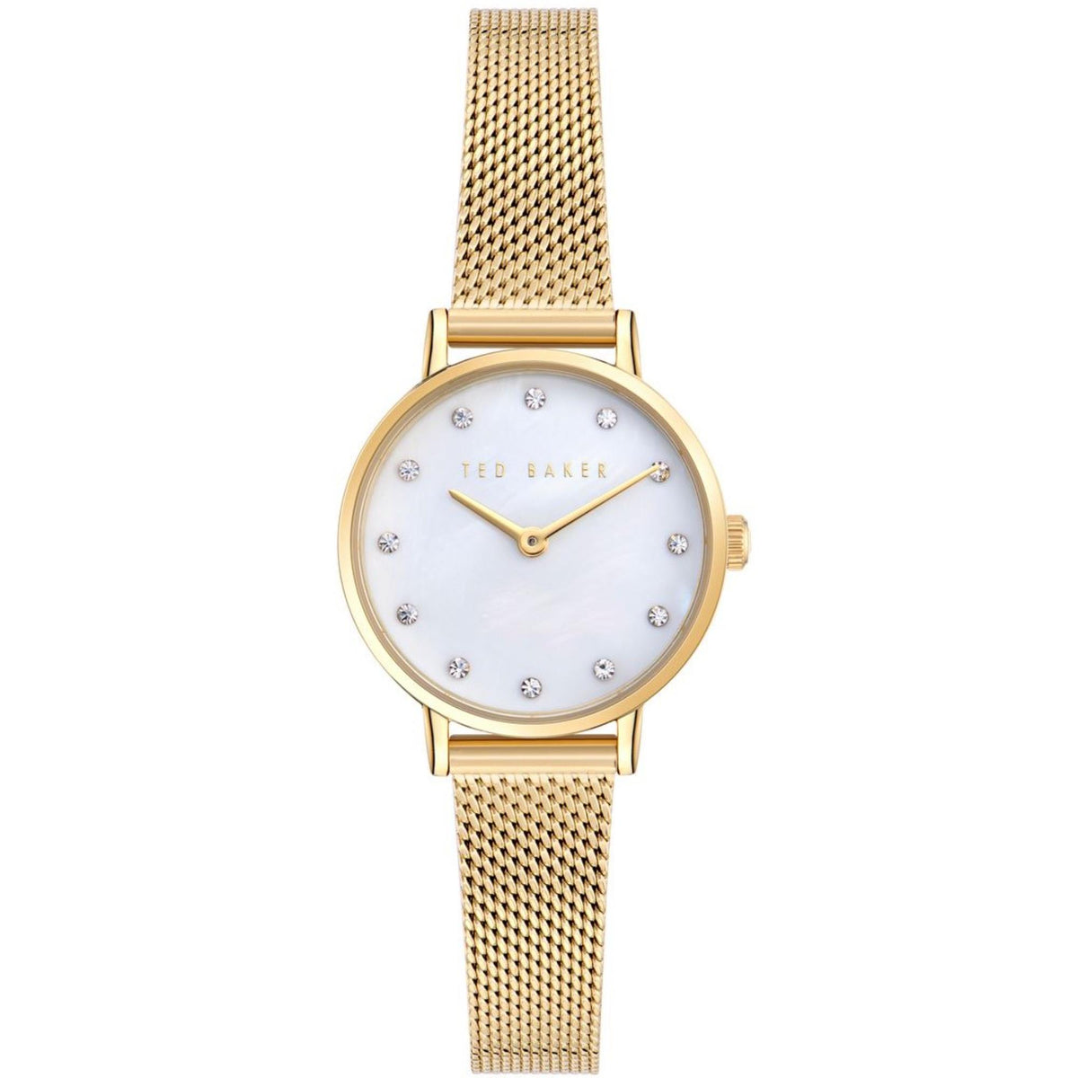Ladies gold-tone mesh strap watch with white mother-of-pearl dial and crystal markers