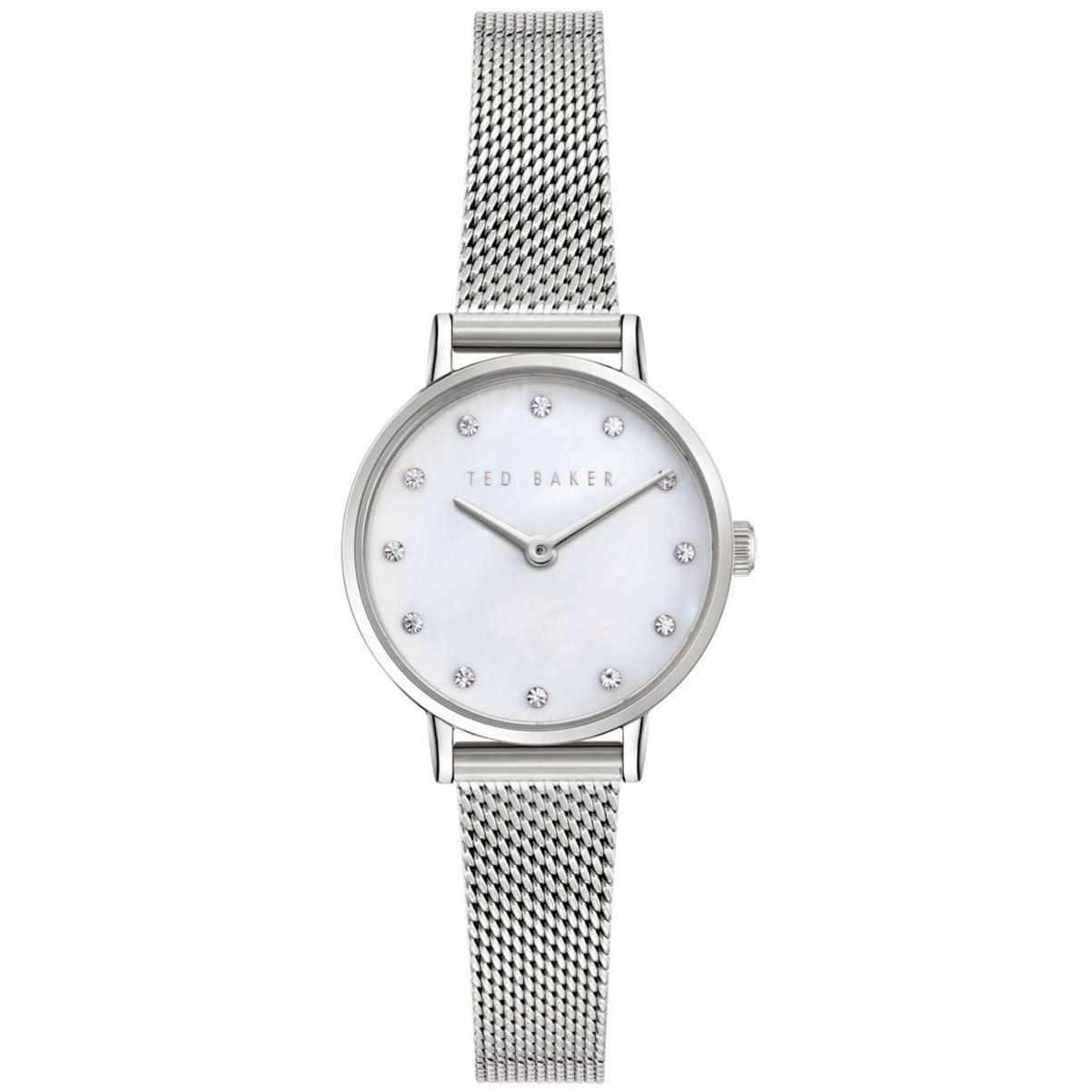Ladies stainless steel watch, white mother-of-pearl dial, crystal markers, mesh strap