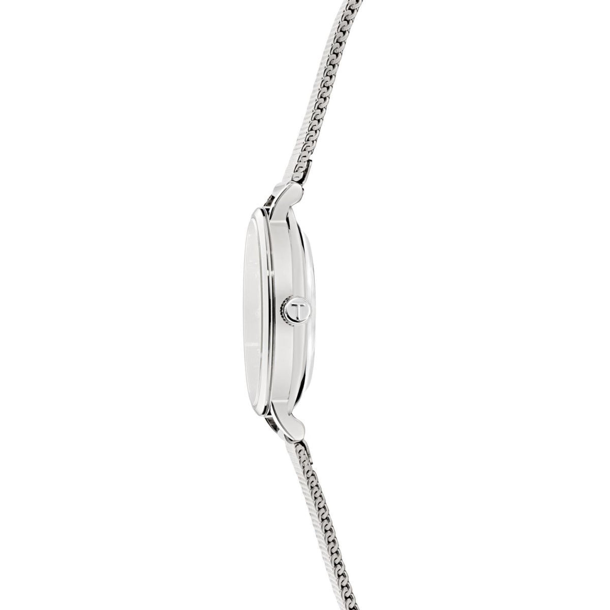 Ladies stainless steel watch case side view with mesh link bracelet