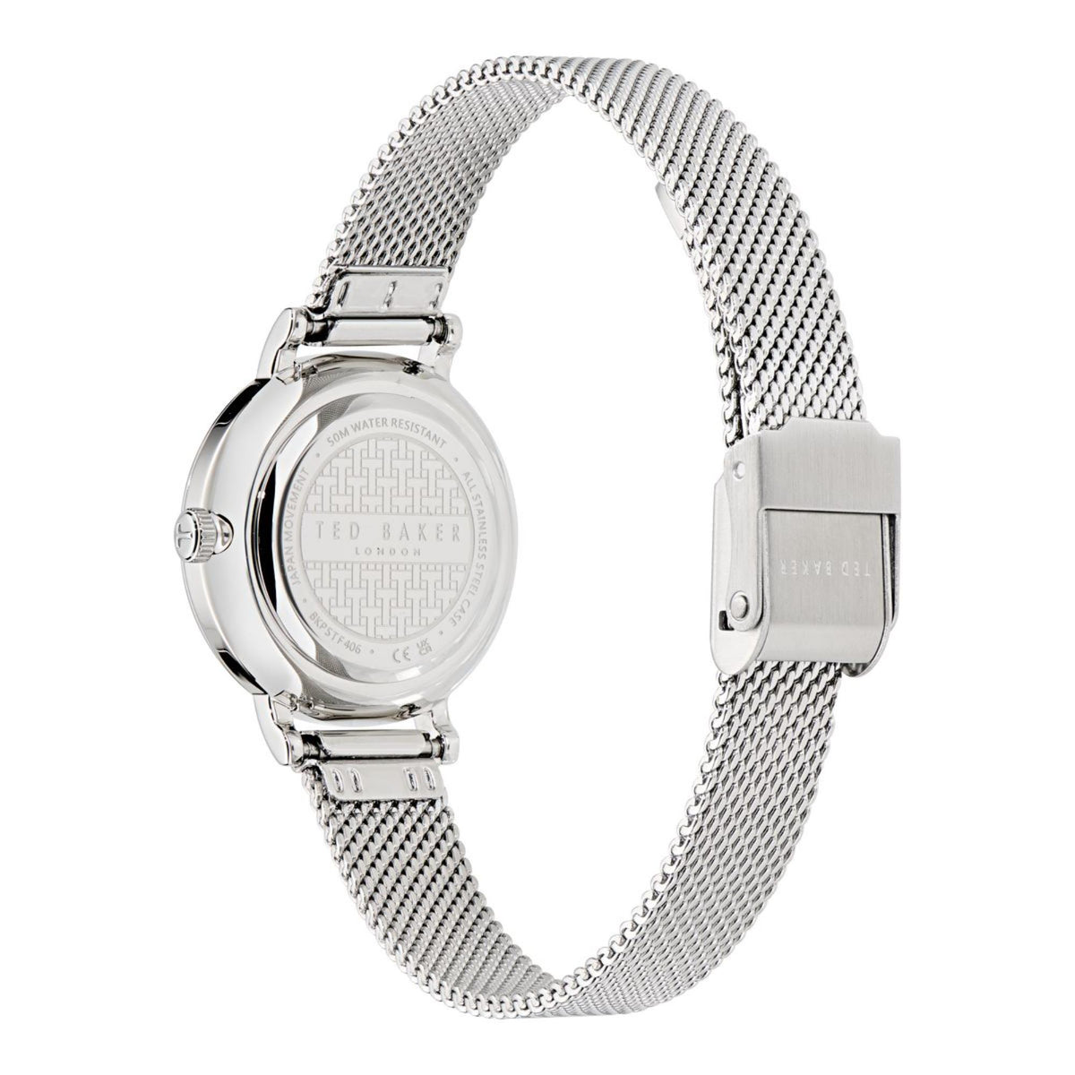 Ladies stainless steel watch with textured mesh strap, crown and case back visible