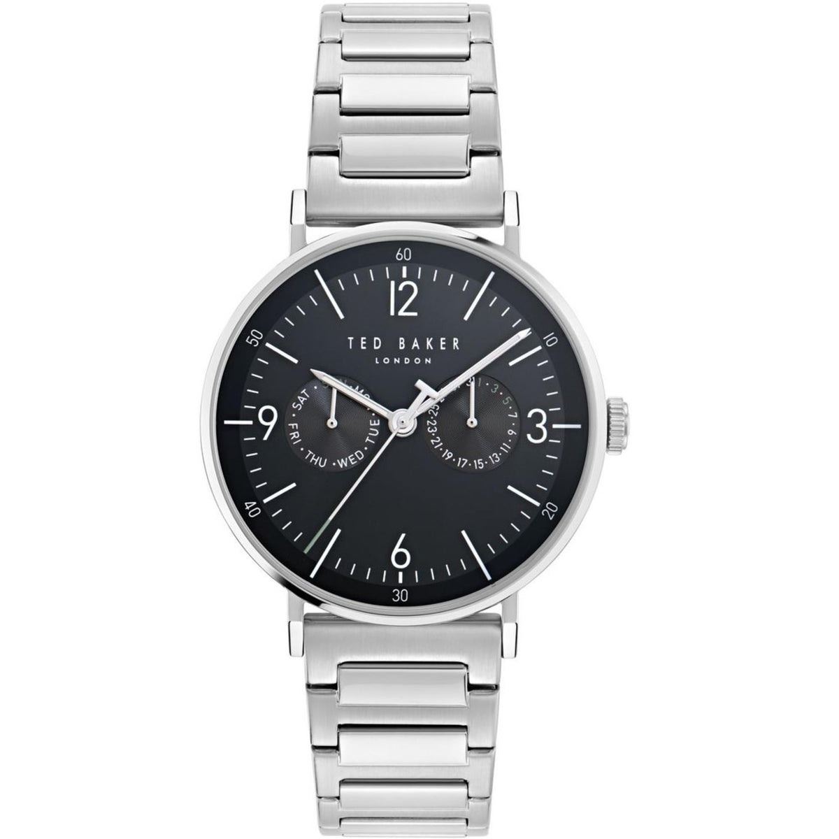 Men's stainless steel watch with black dial and silver metal bracelet