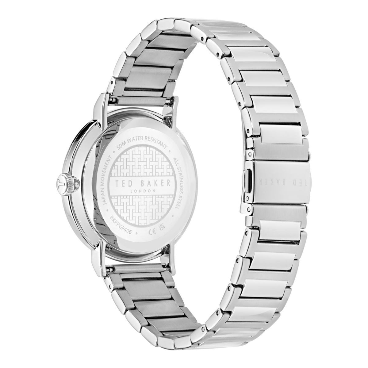 Stainless steel watch back view with engraved case and metal bracelet