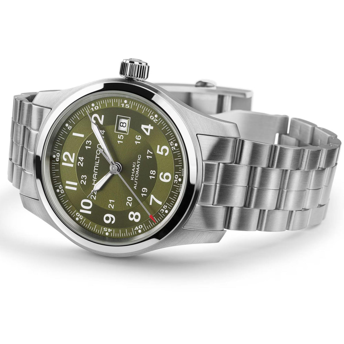 Hamilton Khaki Field H70605160 42mm green dial and stainless steel bracelet on white background