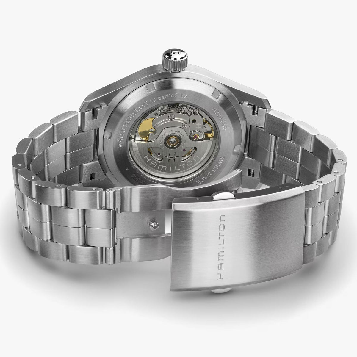 Hamilton Khaki Field H70605160 see-through caseback revealing H-10 movement  and folding clasp detail