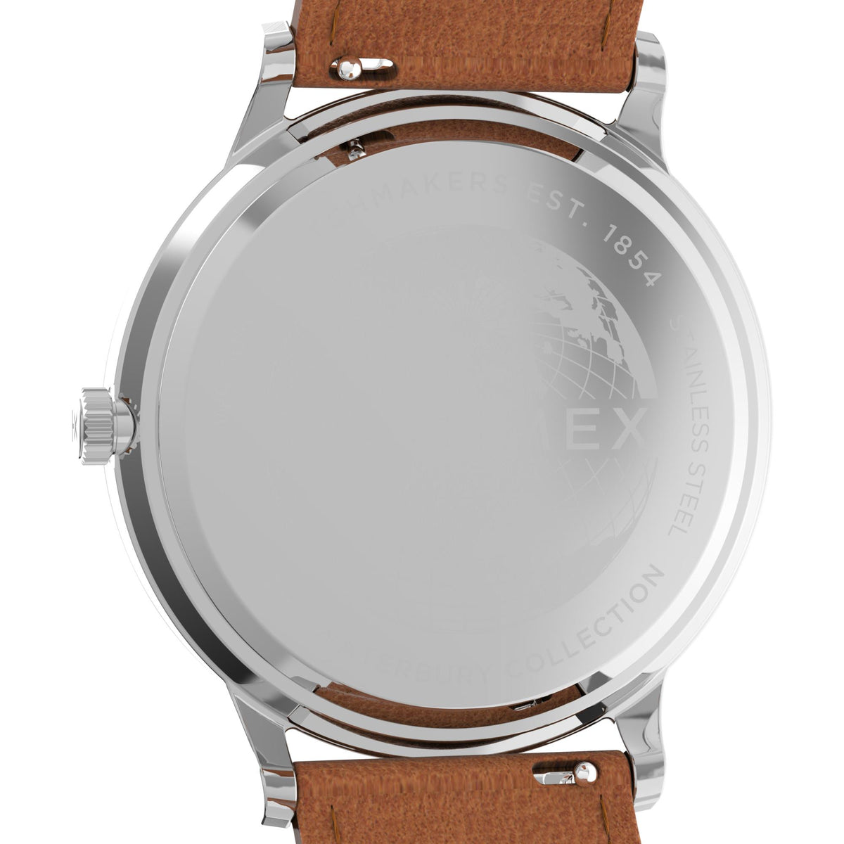 Polished caseback with engraved markings and brown leather strap