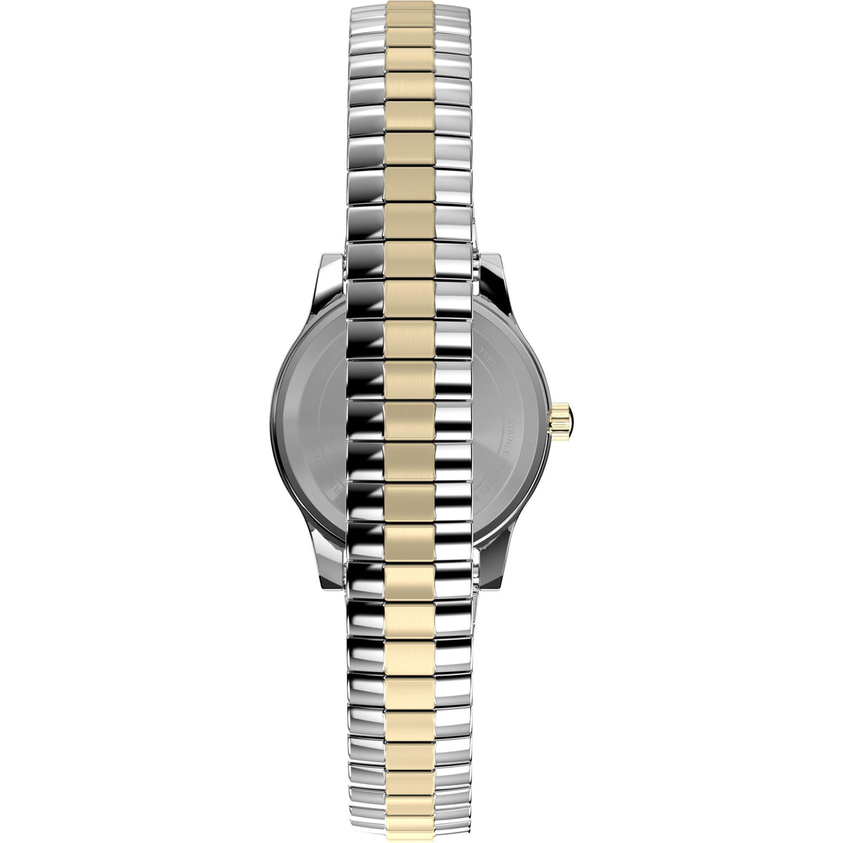 Two-tone steel ladies watch with gold center links and slim circular case