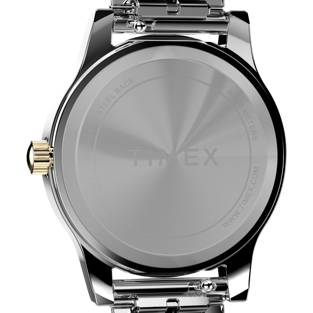 Polished steel watch case with gold accents and bracelet clasp, case back view