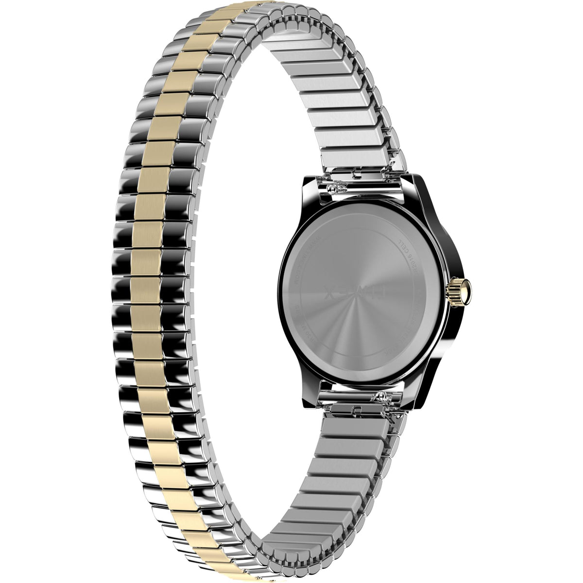 Two-tone steel watch with gold center links, round case shown at an angle