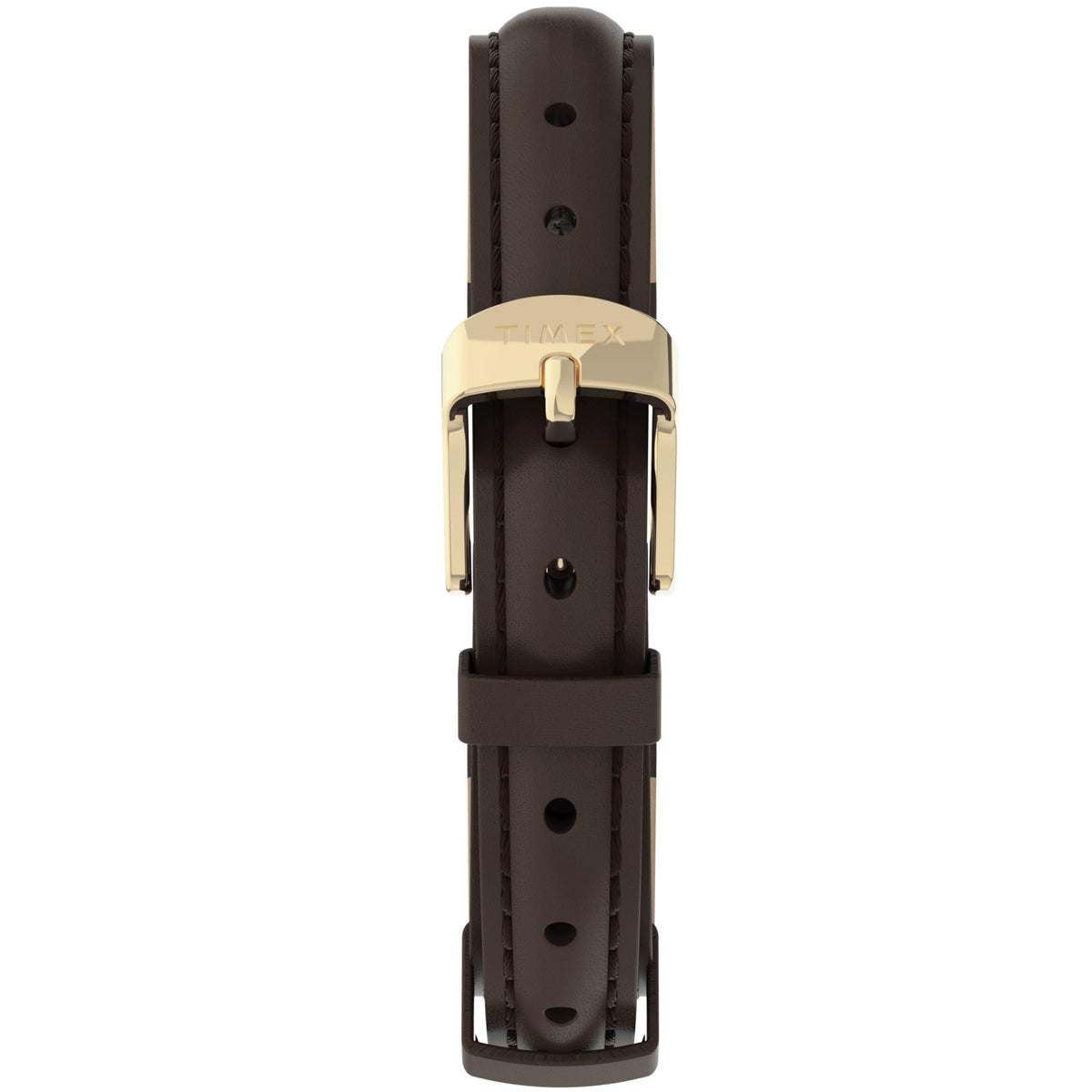 Brown leather watch strap with gold-toned buckle and fastening holes