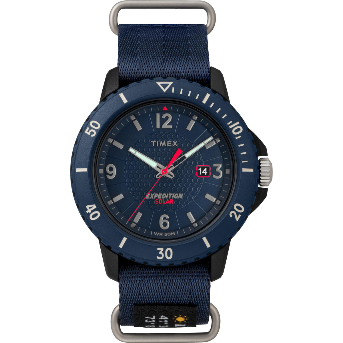 Round blue dial fabric strap quartz watch with red seconds hand, steel bezel, date window