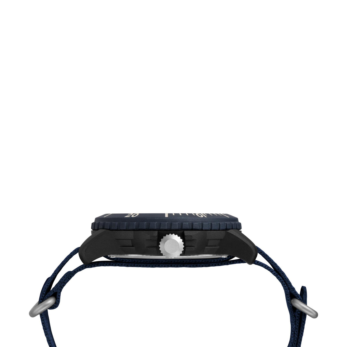 Blue fabric strap watch caseback with ridged crown and strap loops