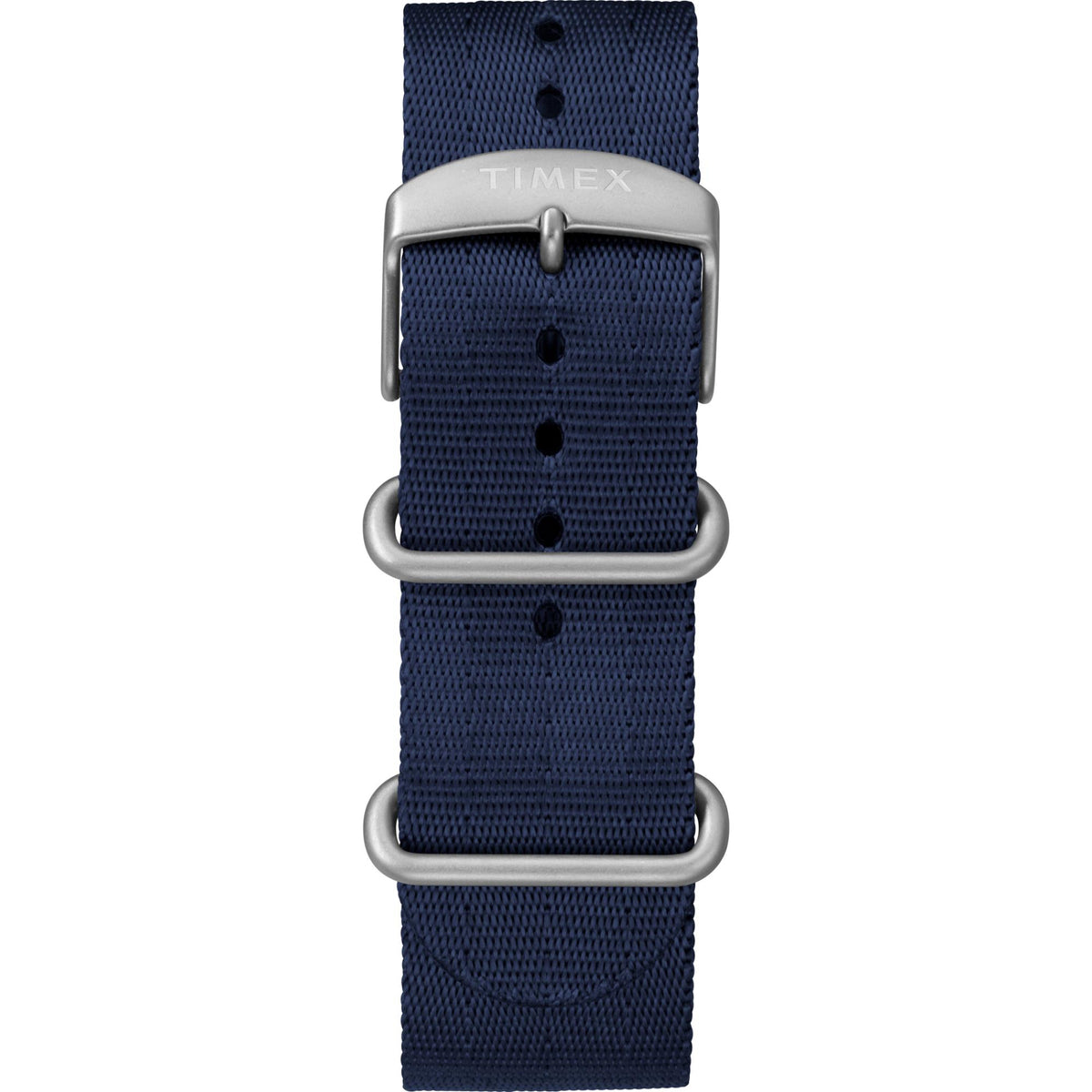Blue fabric watch strap with metal buckle clasp, punched holes and Timex branding
