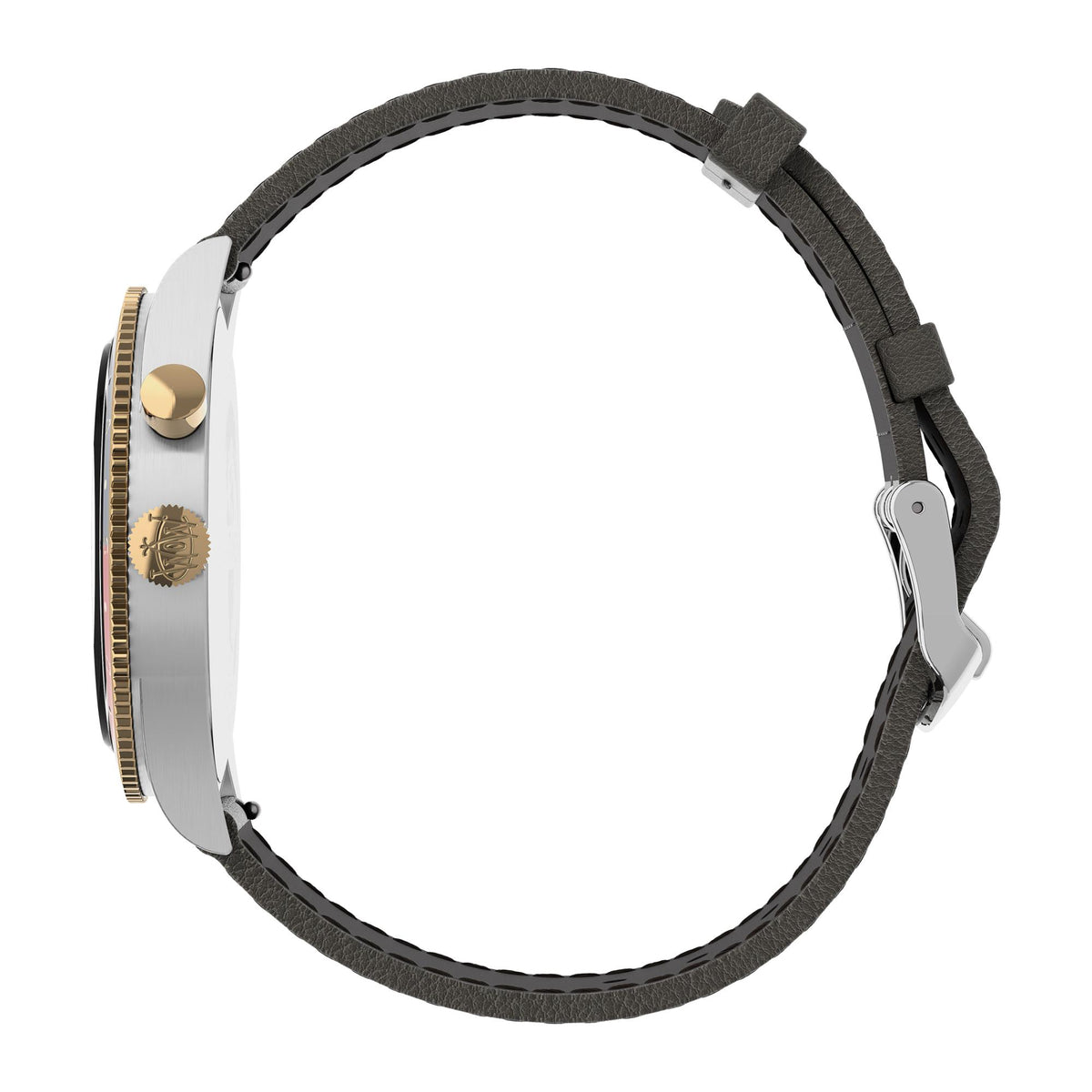 Men’s Timex quartz watch side view with black leather strap and gold-tone crown detail