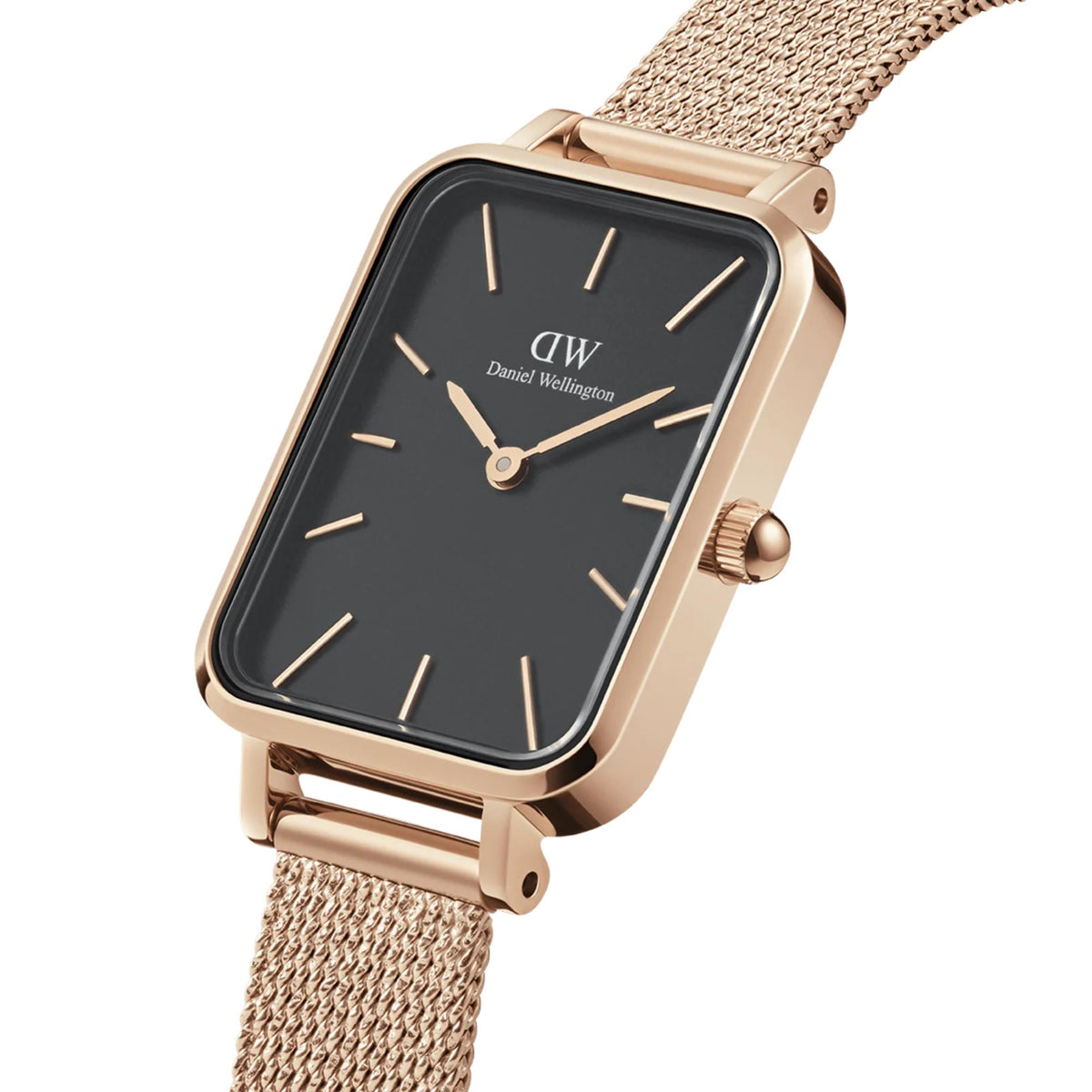 Rose-gold rectangular case Daniel Wellington ladies quartz watch with black dial and mesh strap