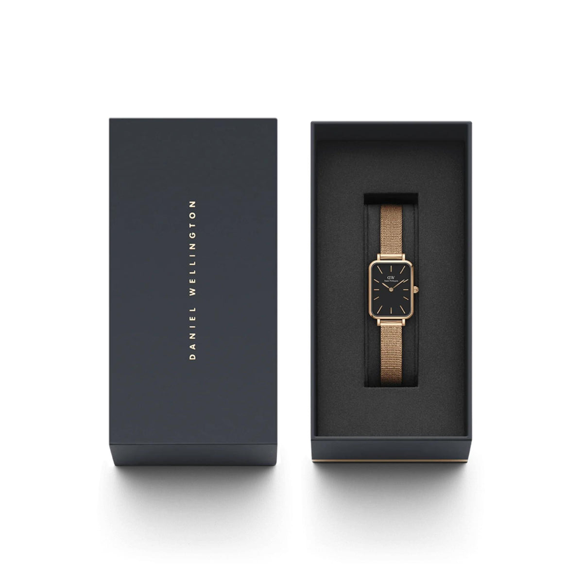 Daniel Wellington ladies quartz watch in presentation box with black dial and mesh strap