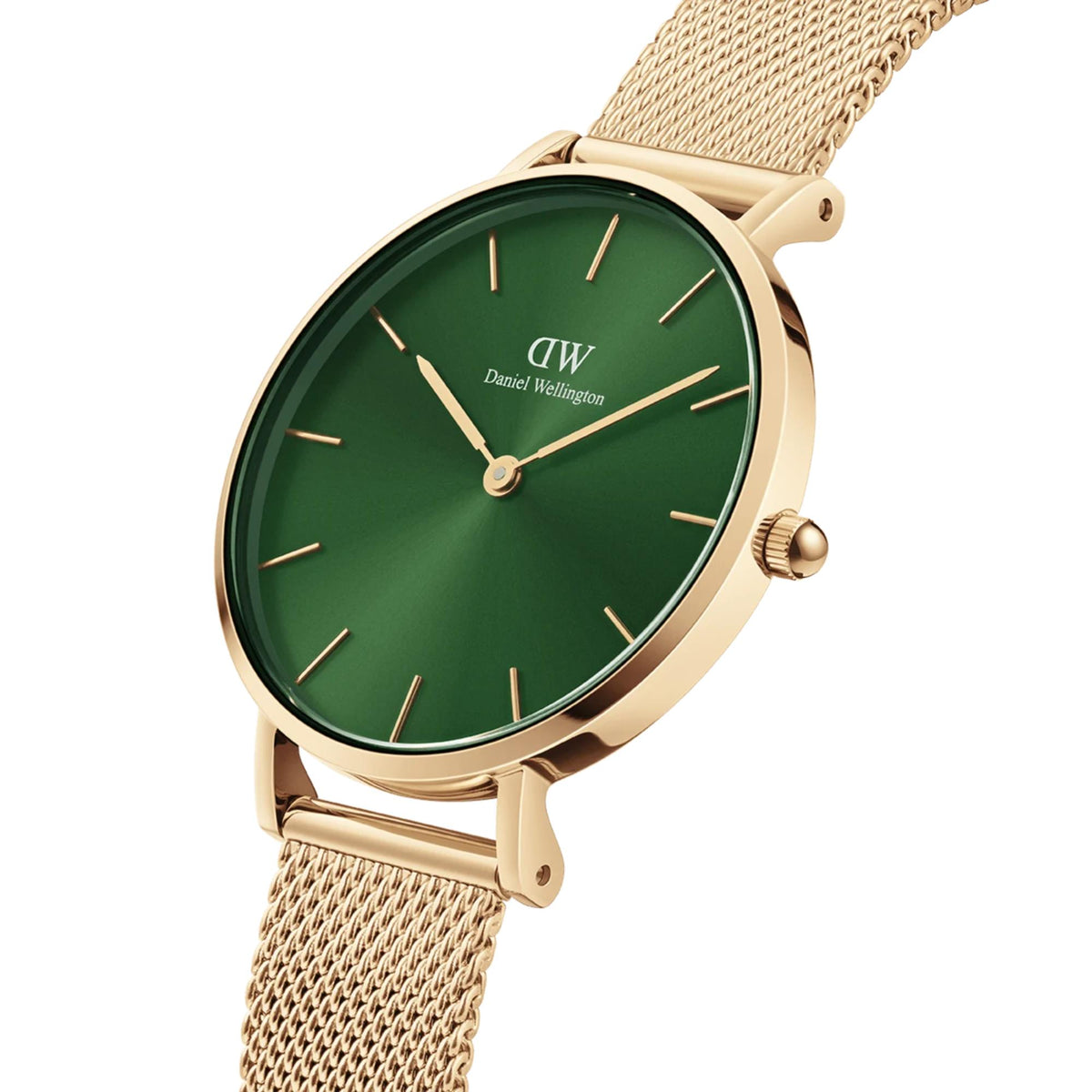 Gold-tone steel mesh watch with green dial, round case and crown detail
