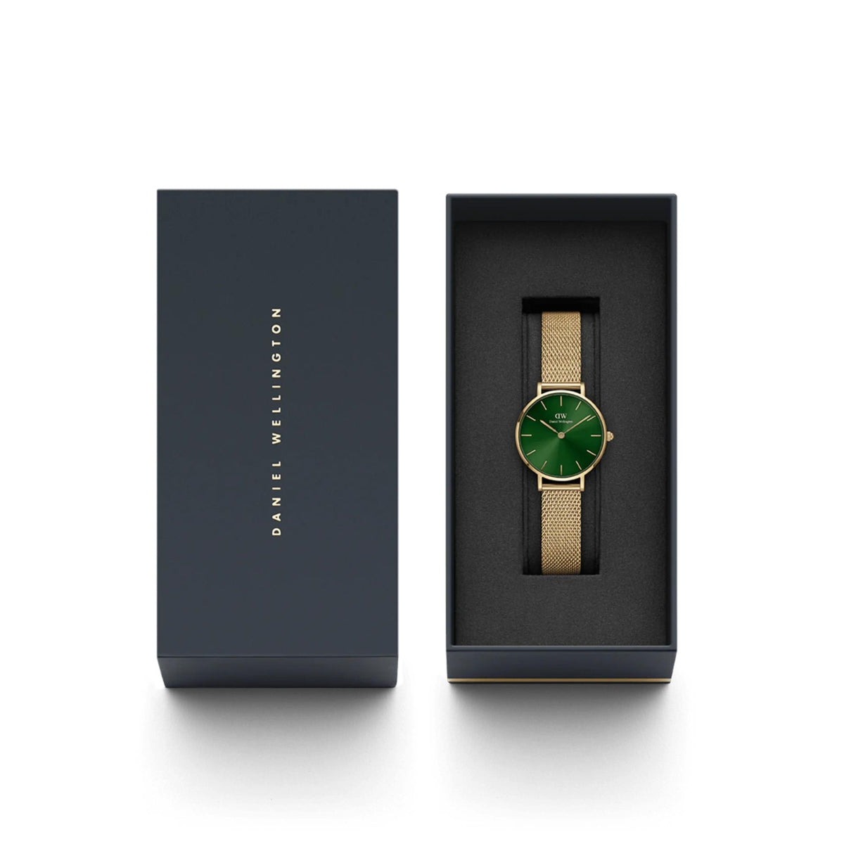 Watch gift box holding a gold-tone steel mesh watch with green dial
