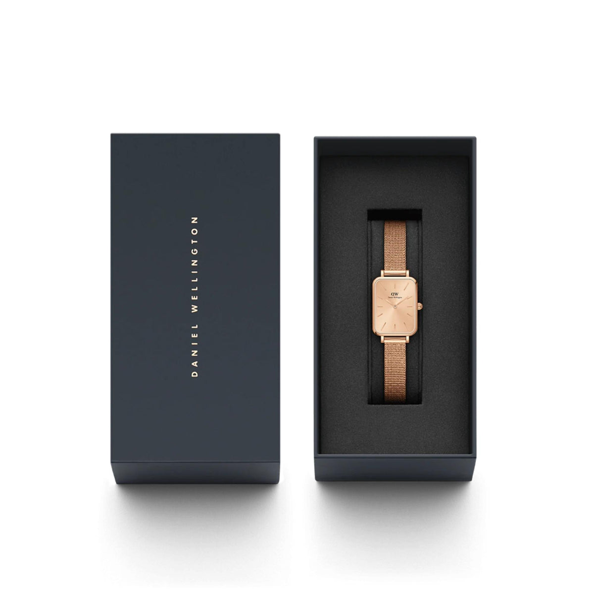 Daniel Wellington watch gift box with rose gold square watch inside