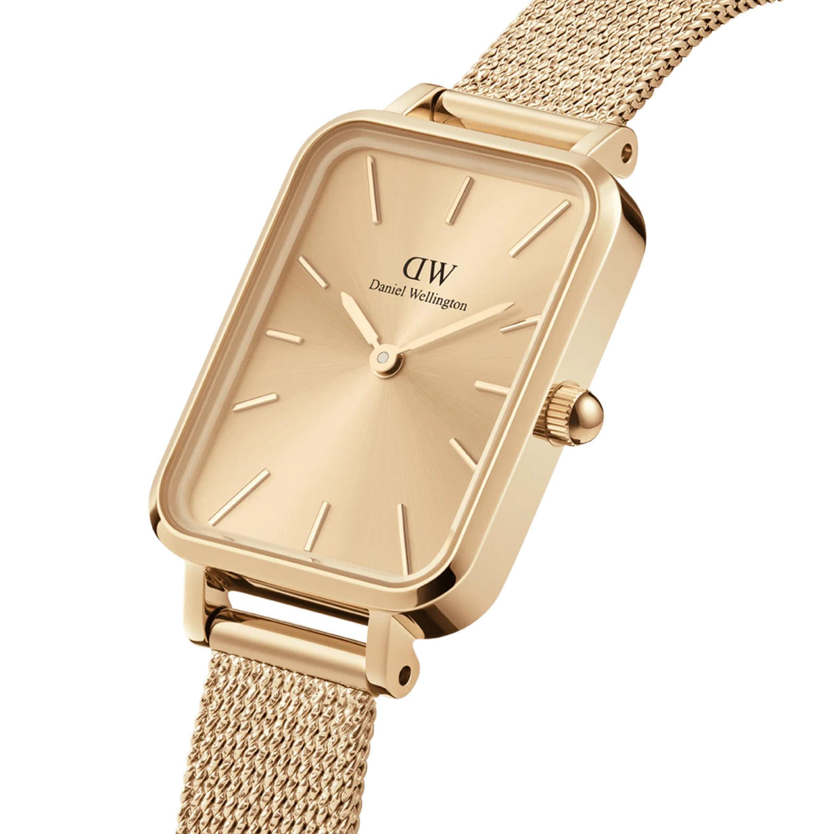 Gold-tone square Daniel Wellington watch with champagne dial and textured gold mesh strap