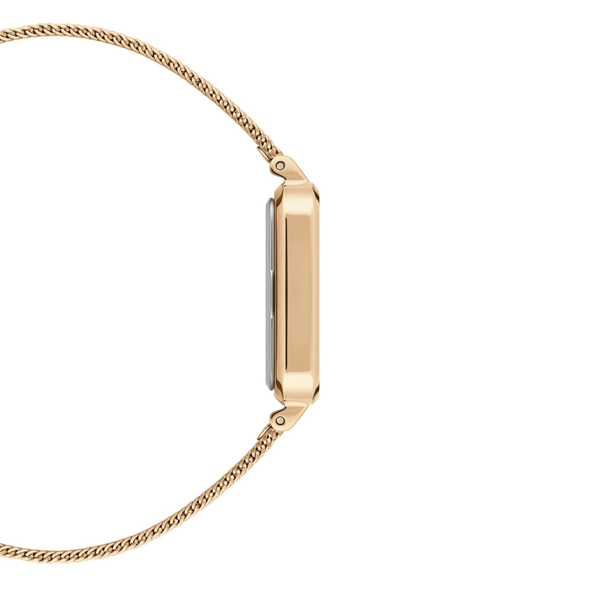 Gold-tone rectangular side profile of square watch on gold mesh bracelet