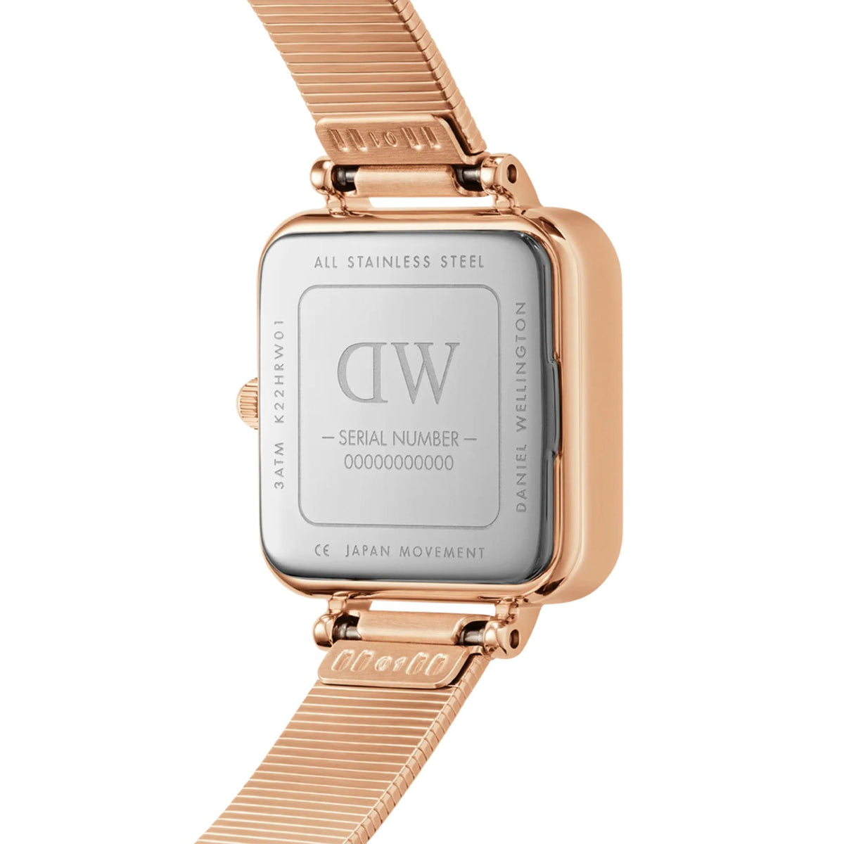 Daniel Wellington Quadro stainless steel case back with DW markings and serial number