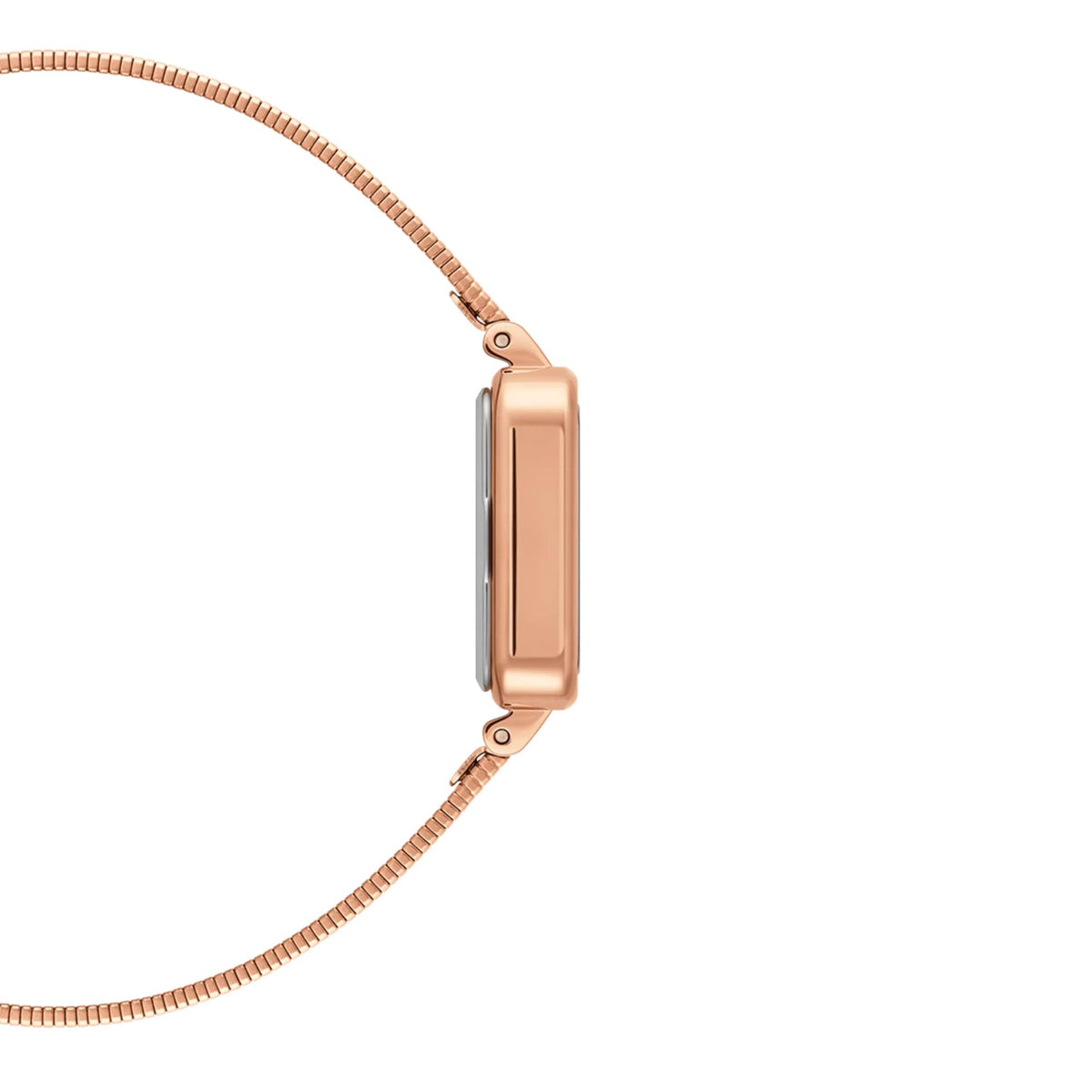 Rose-gold tone Daniel Wellington Quadro watch side profile with textured steel strap