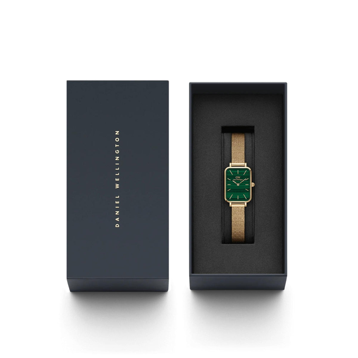 Daniel Wellington Quadro watch in open gift box, green dial and gold-tone mesh band
