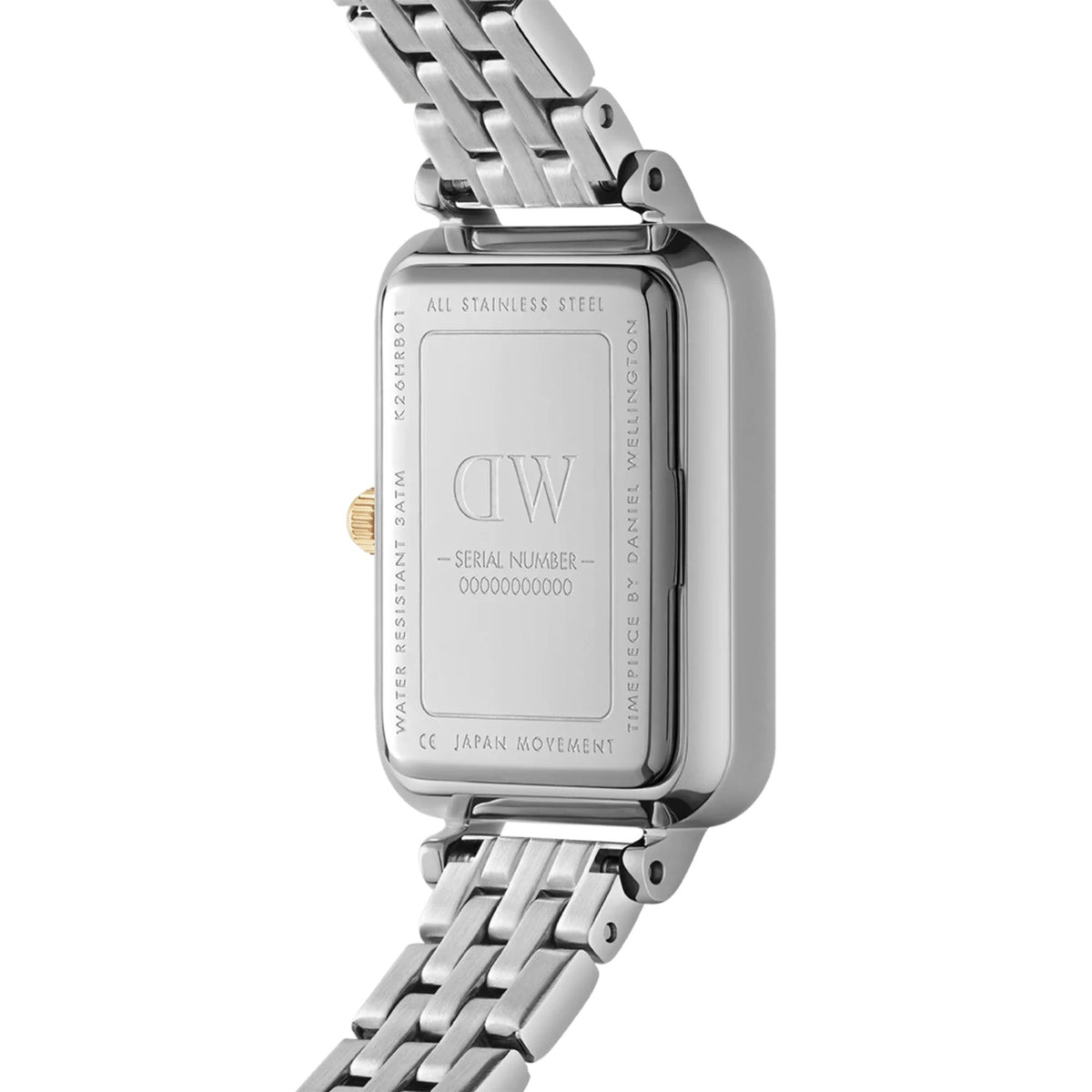 Back of two-tone steel watch with serial number and stainless steel marking
