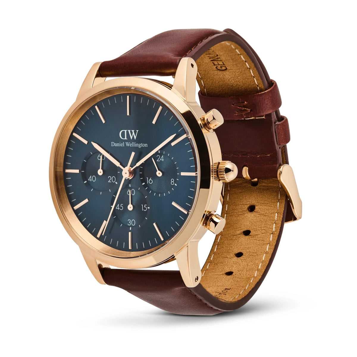 Daniel Wellington chronograph watch side view, blue dial, brown leather strap, gold case