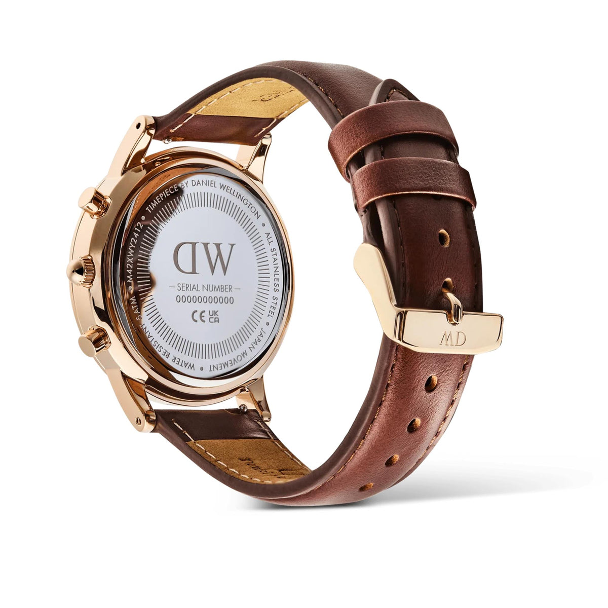 Daniel Wellington watch underside view with brown leather strap and metal case back