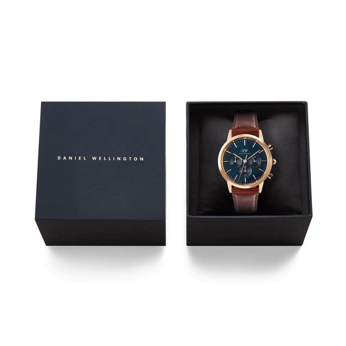 Daniel Wellington watch in box with blue dial and brown leather strap