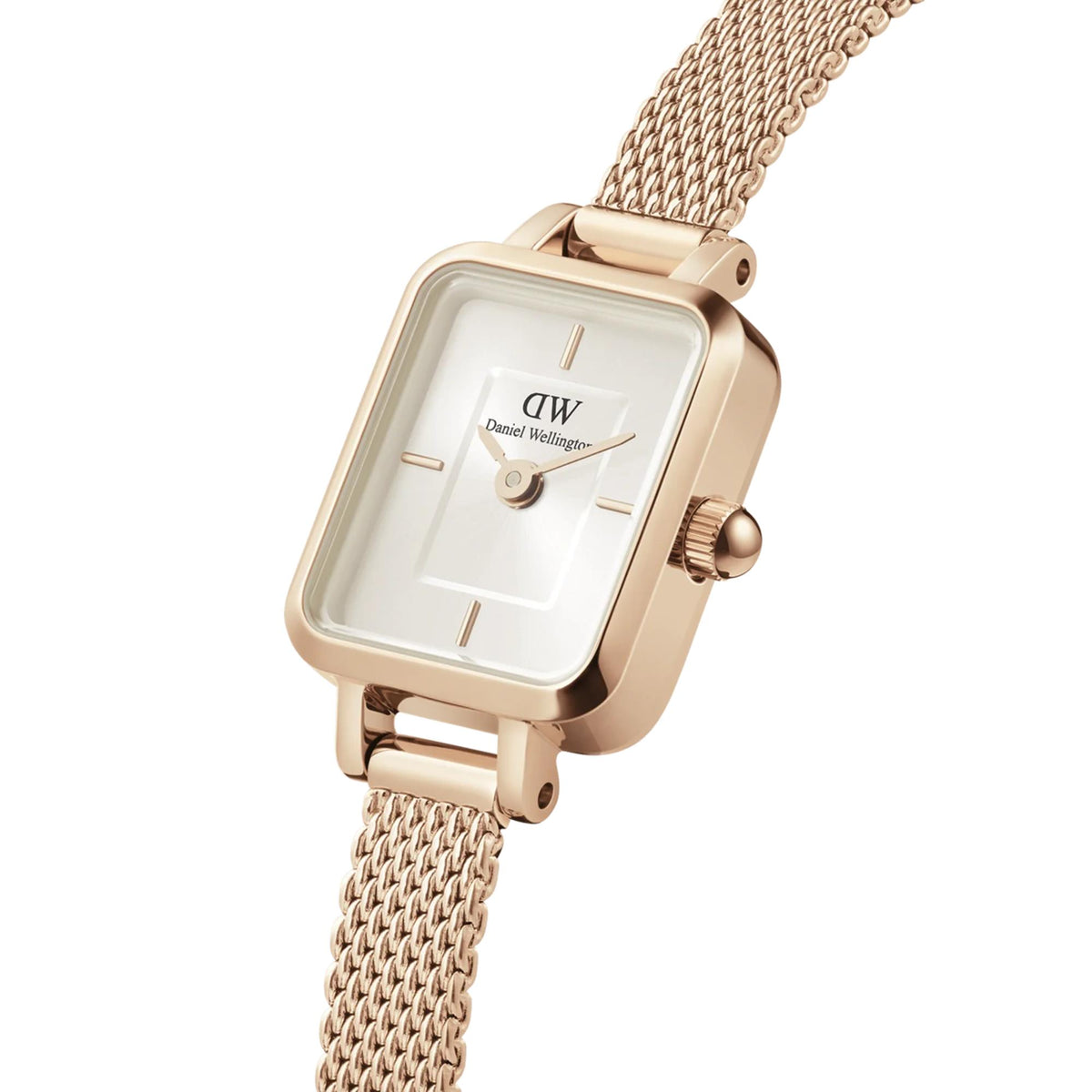 Rose-gold tone square watch with champagne dial and mesh metal strap