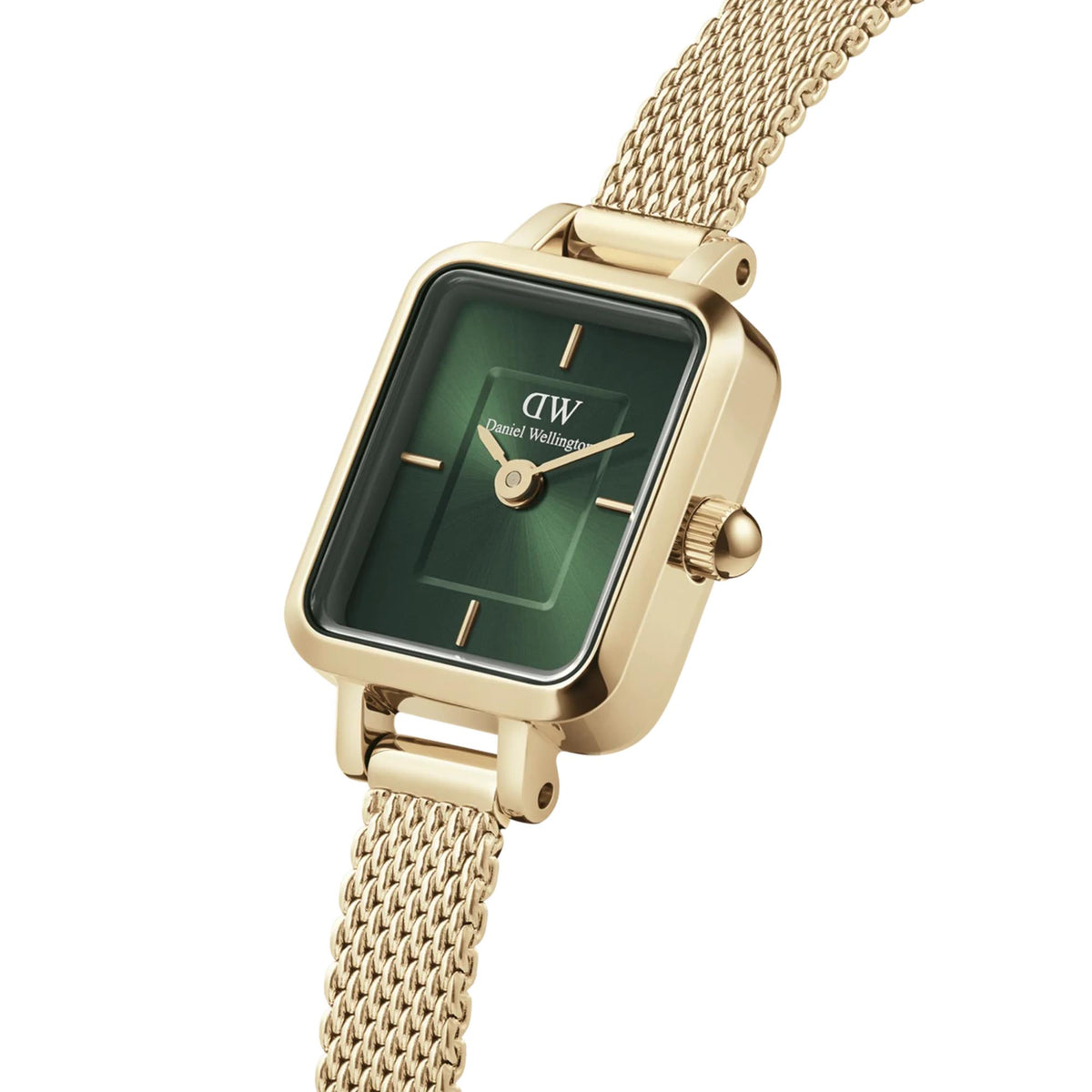 Daniel Wellington Quadro watch angled view, green dial and gold mesh strap