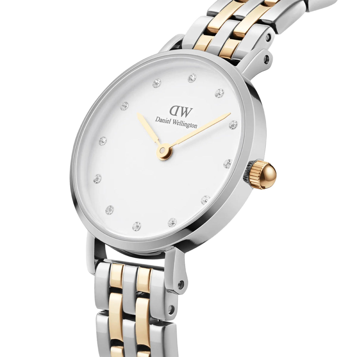 Petite round watch with white dial, gold hands, and stainless-steel two-tone strap