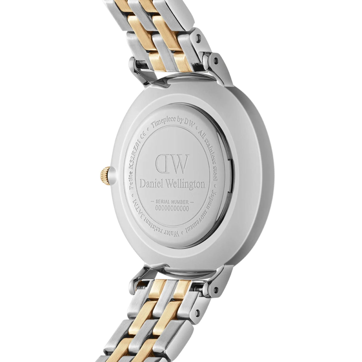 Petite watch case back with engraved Daniel Wellington logo and two-tone bracelet