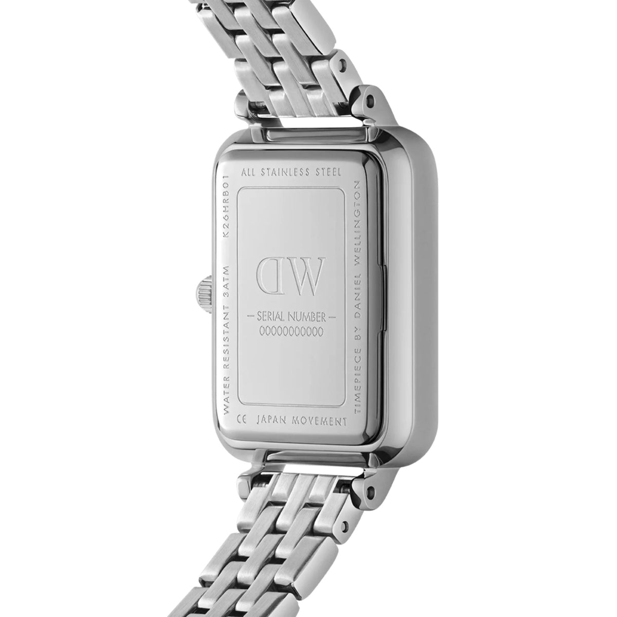Daniel Wellington Quadro watch case back, stainless steel, engraved details, steel link band