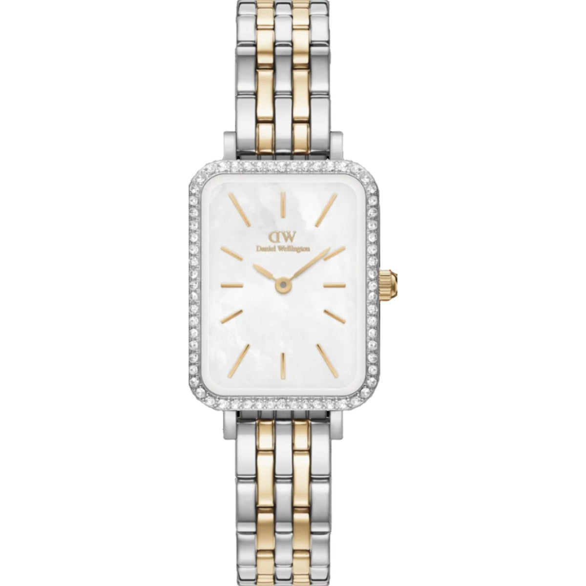 Two-tone ladies quartz watch with white mother-of-pearl dial, diamond bezel, steel strap