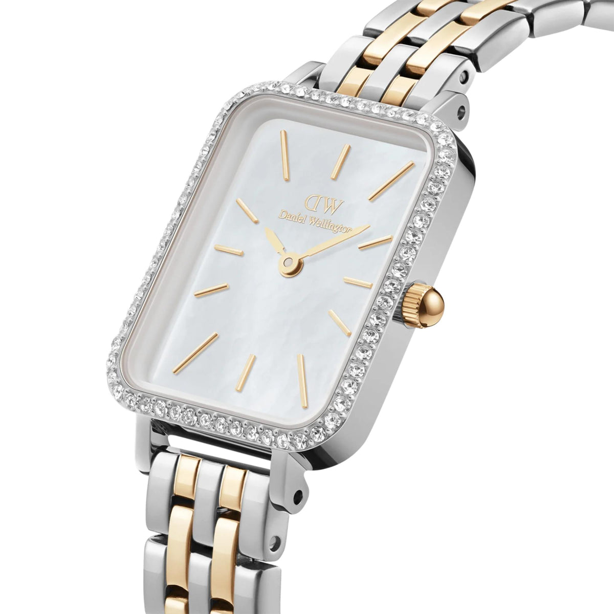 Two-tone rectangular ladies quartz watch with white dial, gold hands, crystal-studded bezel