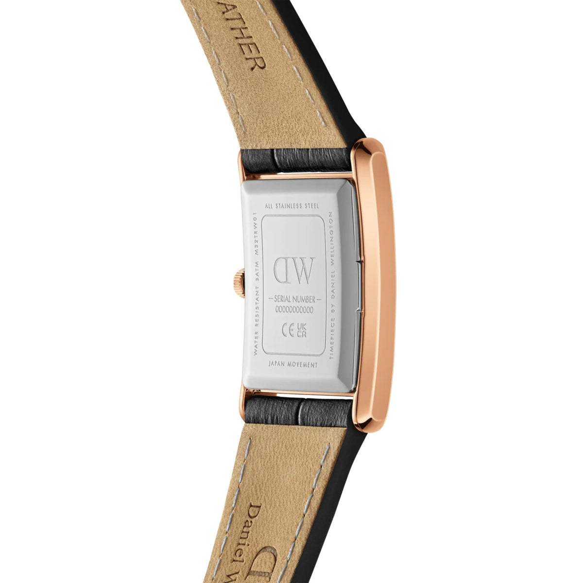 Daniel Wellington watch case back on leather strap with rose-gold finish.