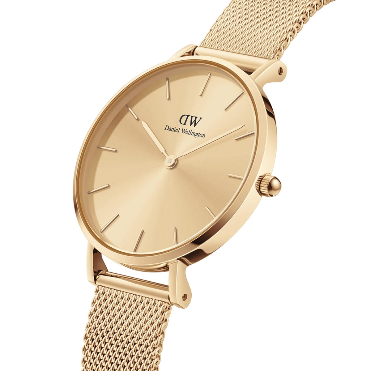 Gold-tone round quartz watch with cream dial, baton markers, and crown at 3