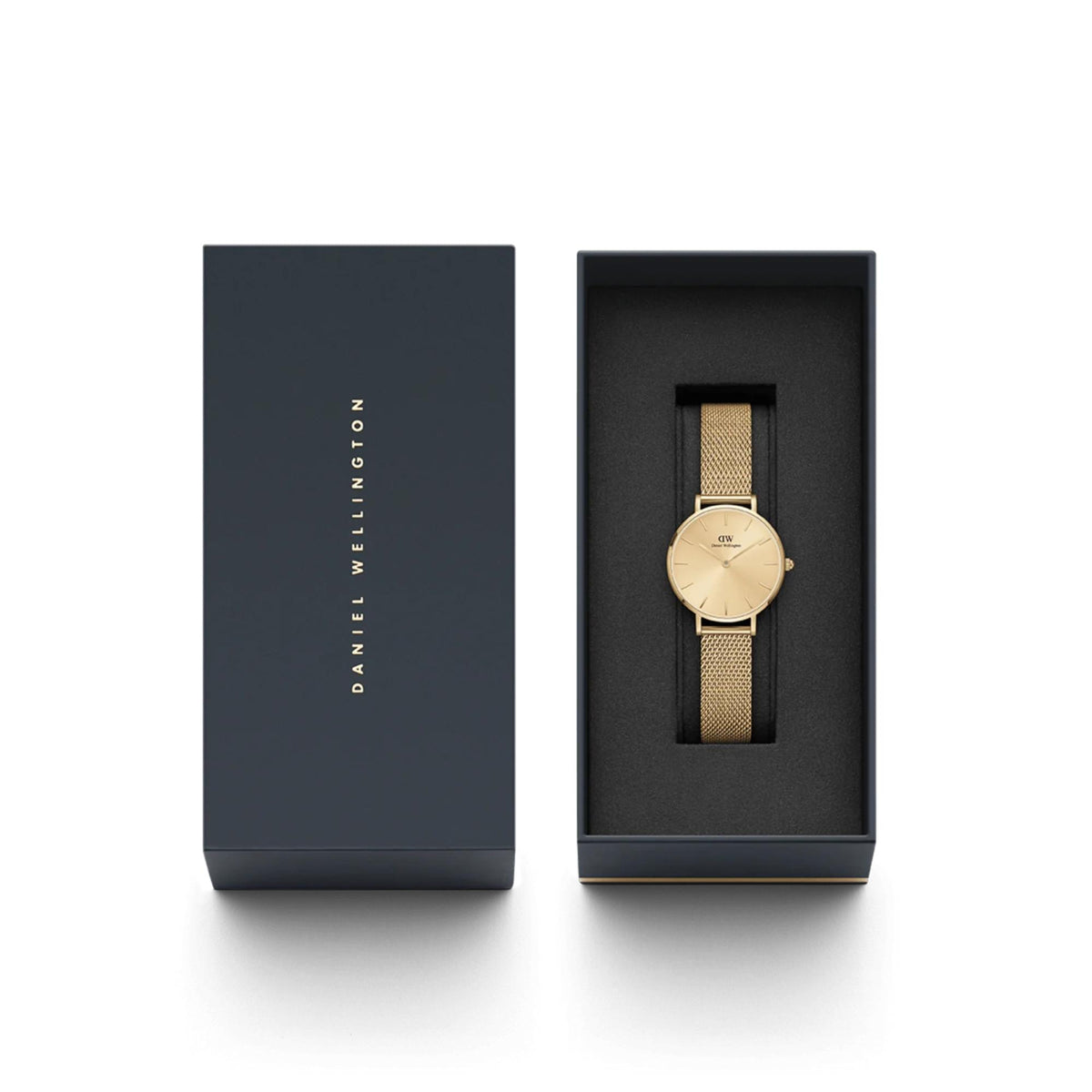 Gold-tone mesh strap watch inside black gift box set