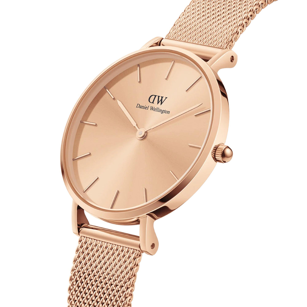 Rose gold quartz watch with beige dial and steel mesh bracelet, round case