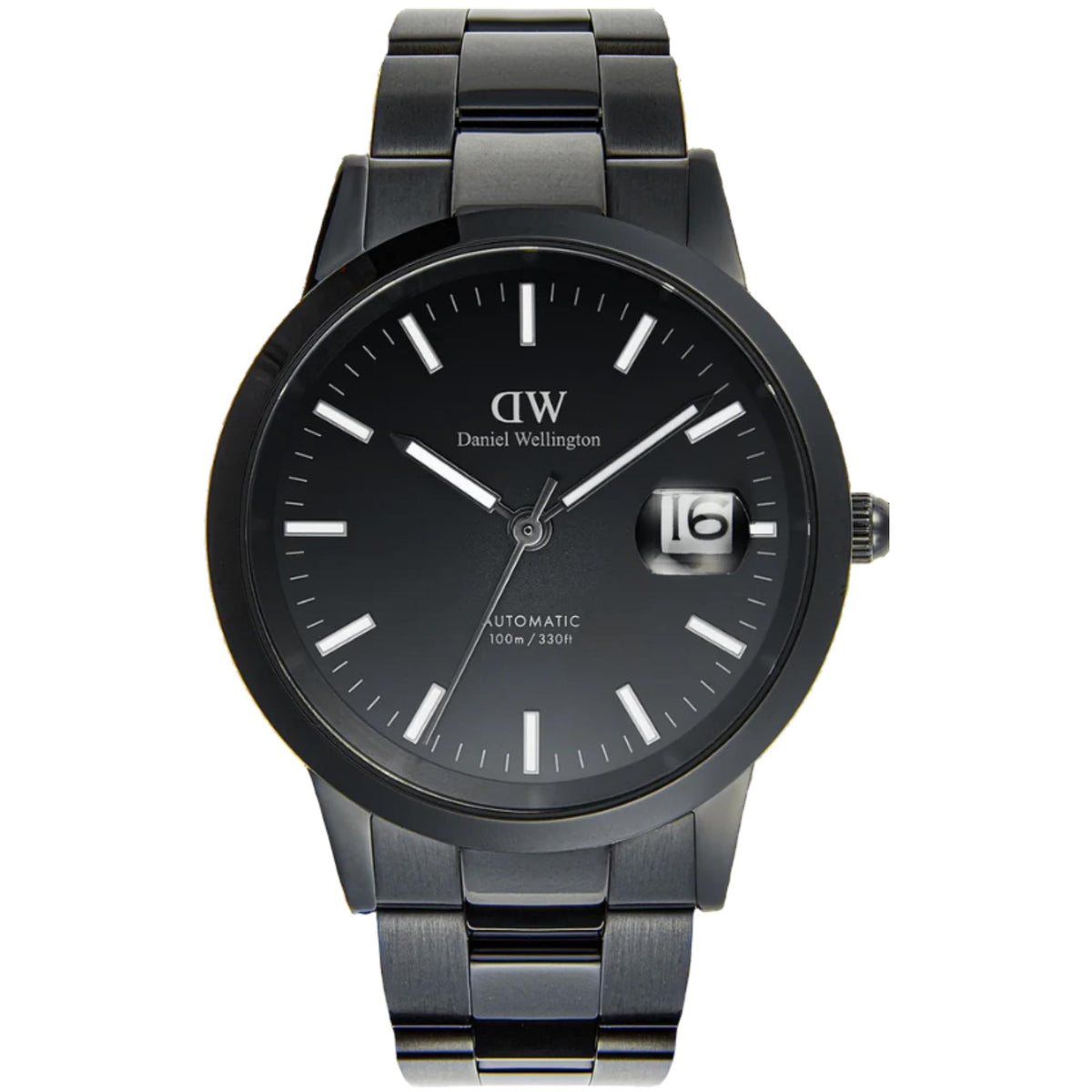 Men's black dial automatic steel wristwatch with bracelet and date window at 3 o'clock