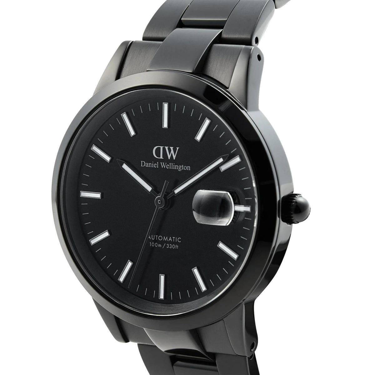 Men's black dial automatic steel wristwatch close-up with baton hour markers