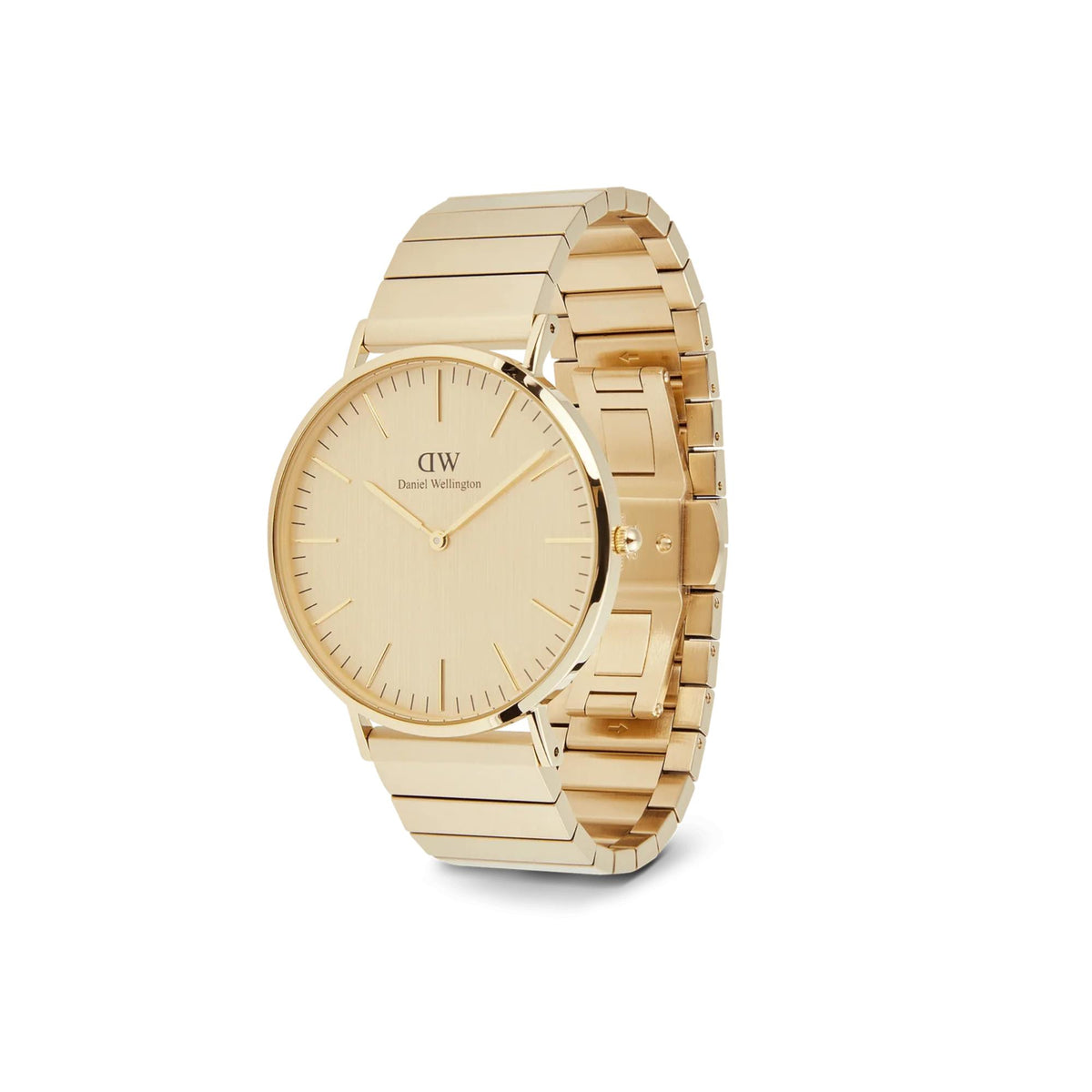 Gold-tone steel quartz watch at angle, cream dial with gold-tone bracelet