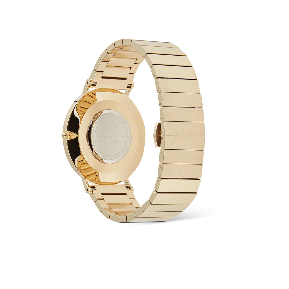 Back view of gold-tone steel watch case and bracelet, crown visible