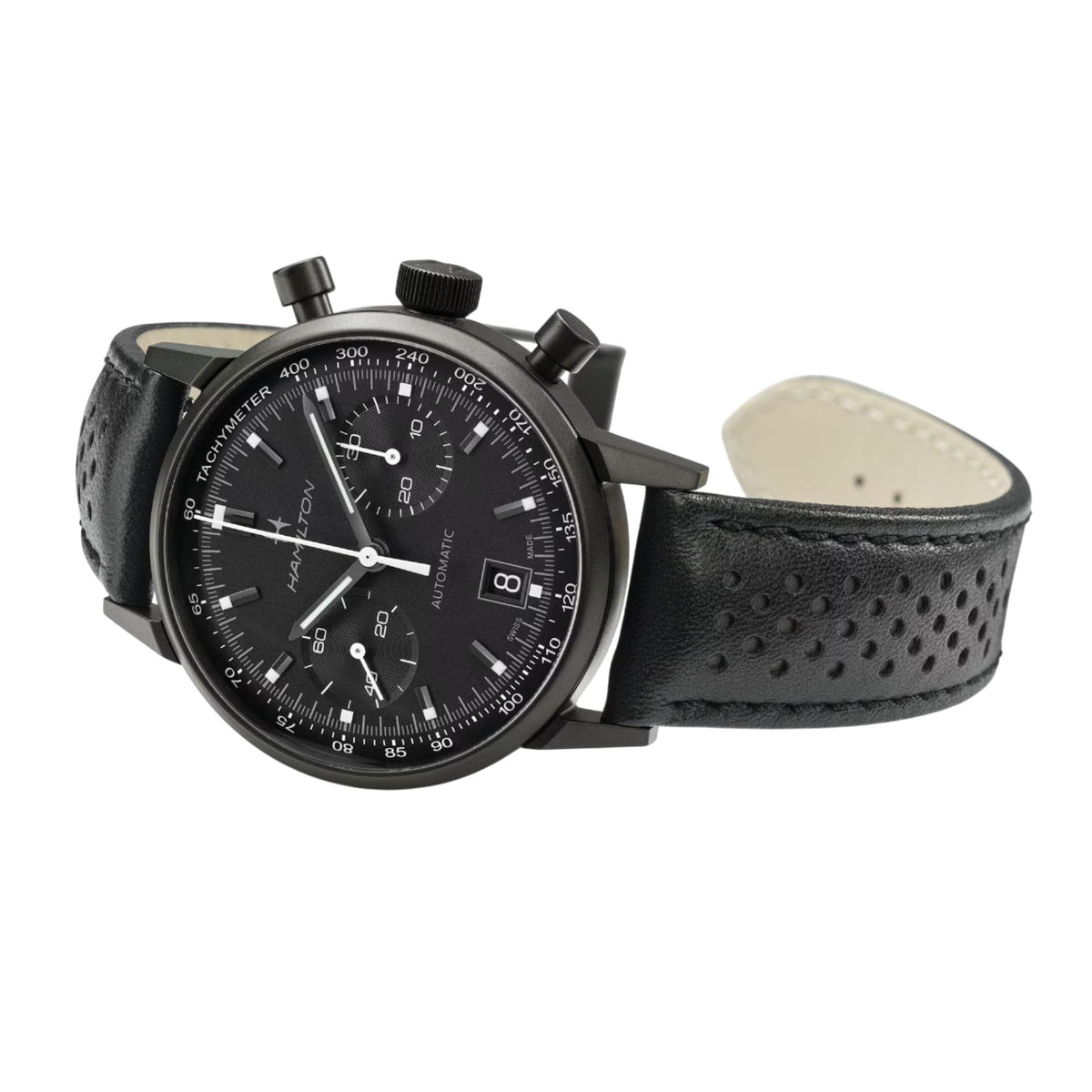 Black dial chronograph watch with textured black leather strap and pushers
