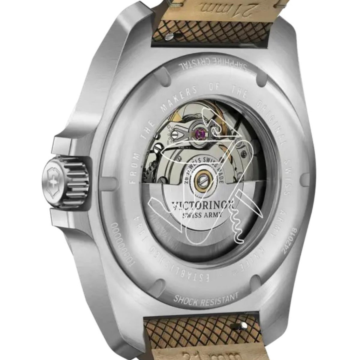 The caseback view of a stainless steel Victorinox I.N.O.X. watch featuring an exhibition window showing the automatic movement